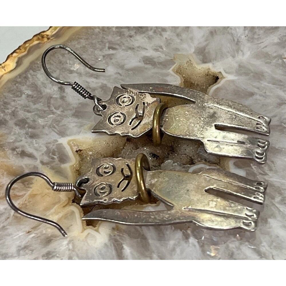 Silver and Gold Cat Dangle Earrings - Women's Jewelry - Picture 14 of 16